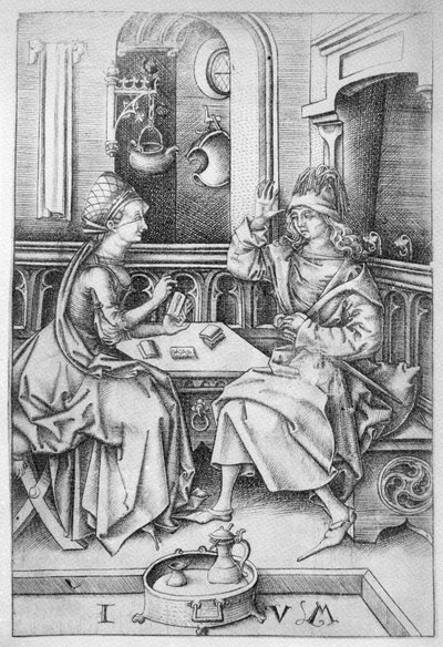 Pareja jugando a las cartas c.1500 de Israhel van Meckenem the younger